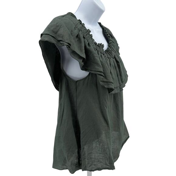 Young Fabulous and Broke Linen Blouse SZ Green Off Shoulder Pullover Ruffle Boho - Picture 2 of 7